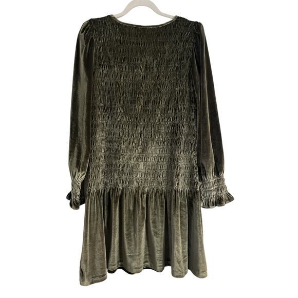 Kaari Blue Drop Waist Smocked Bodice Sage Green Velvet Knee Length Dress Medium - Picture 2 of 7